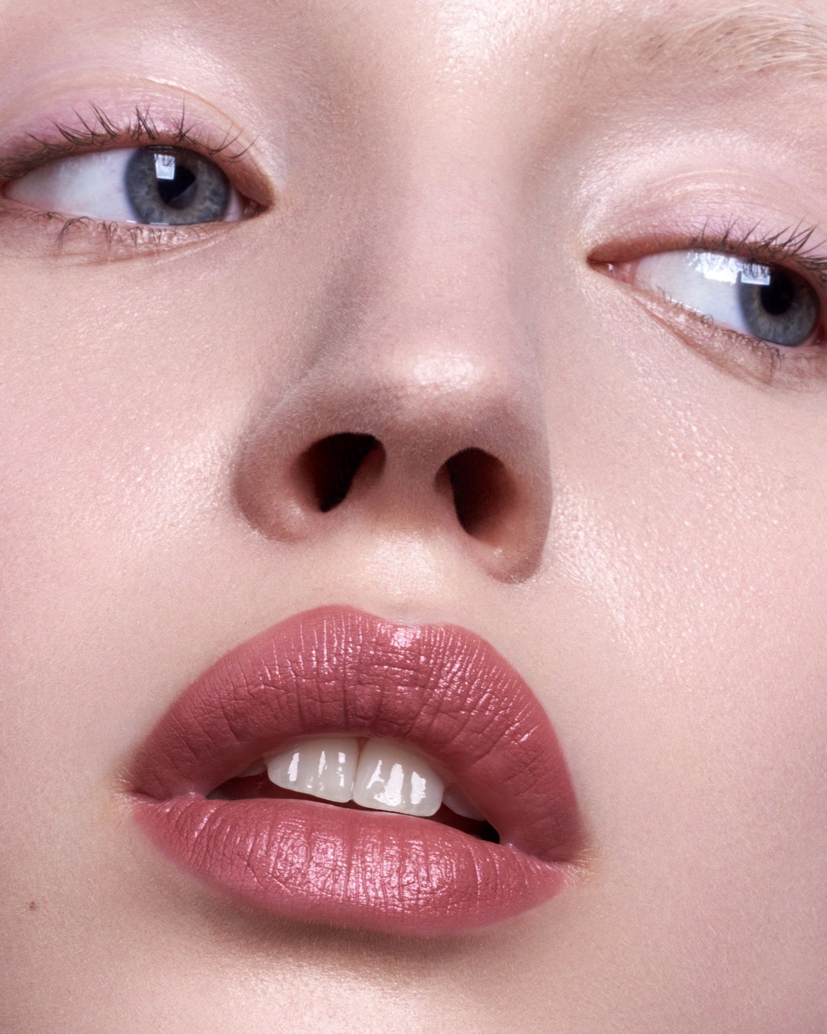 Model wearing MΓDARA Organic Skincare velvet wear cool nude on A6301 on skin; close-up portrait shows natural application results.